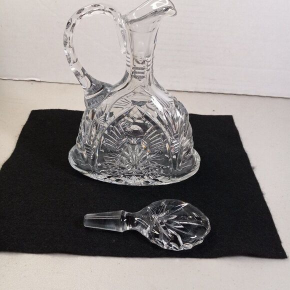 Clear Crystal Decanter with Handle large Flat Shaped Stopper Barware Cottagecore - Picture 6 of 9